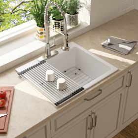 Drop In Quartz Granite Composite Kitchen Sink Top Mount Single Bowl White Bar Sink with Bottom Grid, Drainer, Roll-up Drying Rack(25in.*22in.*9.65in.)