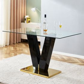 Large Modern Minimalist Rectangular Glass Dining Table for 6-8 with 0.39" Tempered Glass Tabletop and MDF slab V-Shaped Bracket