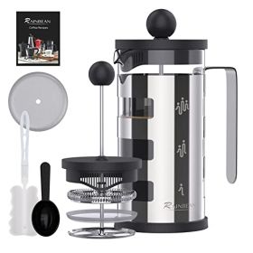 French Press Cafetiere 4 Cups, Stainless Steel Body Shell Coffee Maker- Heat Resistant - Stainless Steel Filter Coffee Press For Coffee Lover, Silver, (Option: 4 Piece Green)