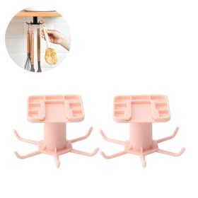 2pcs Under Cabinet Kitchen Utensil Hooks, 360Â° Rotating Drilling Free Hanging Rack (Color: Pink)