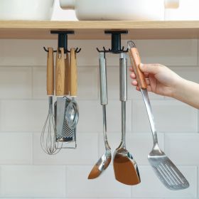 2pcs Under Cabinet Kitchen Utensil Hooks, 360Â° Rotating Drilling Free Hanging Rack (Color: Black)