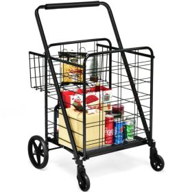 Jumbo Basket Folding Shopping Cart With Swiveling Wheels And Dual Storage Baskets (Type: Kitchen Tools, Color: Black B)