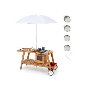 Wooden Play Cart with Sun Proof Umbrella for Toddlers Over 3 Years Old (Color: White)