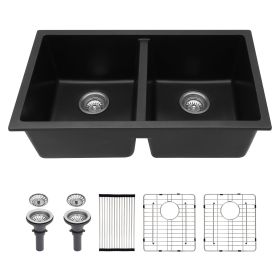 33-inch Undermount Quartz Kitchen Sink Dual Bowl Kitchen Sink Granite Composite Sink with Black or White (Color: Black)